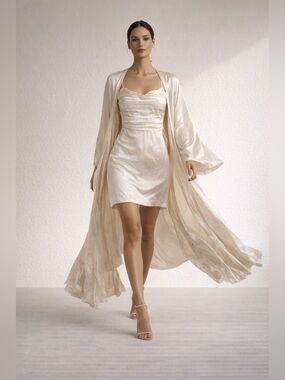 Michael Costello Ivory Satin Draped Robe & Slip Dress Set – Size S